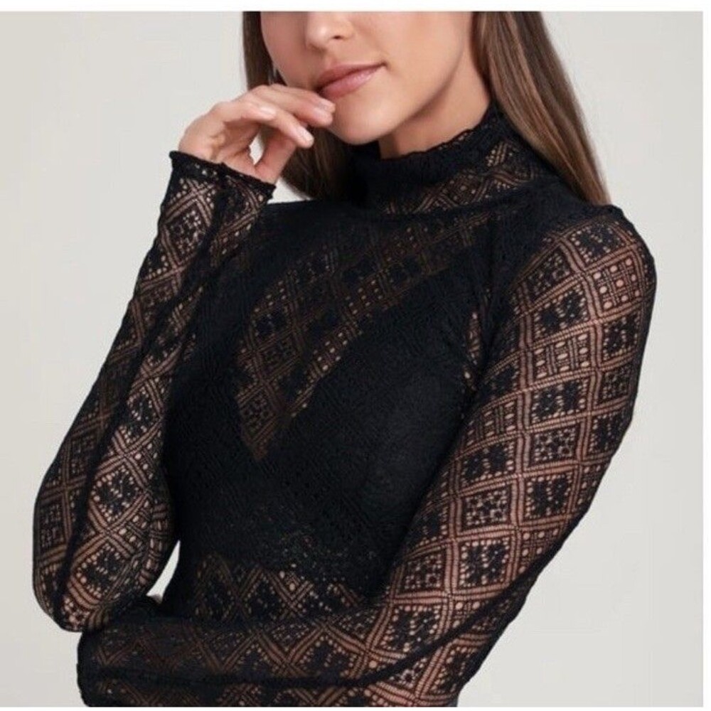 INTIMATELY FREE PEOPLE Black Sheer Sweet Memories Lace Turtleneck Top Women's L